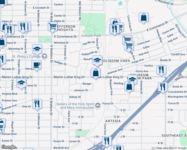 map of restaurants, bars, coffee shops, grocery stores, and more near 1512 Hedges Street in San Antonio