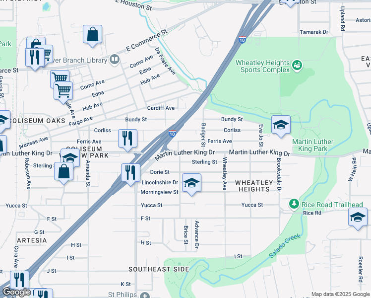map of restaurants, bars, coffee shops, grocery stores, and more near 3243 Martin Luther King Drive in San Antonio