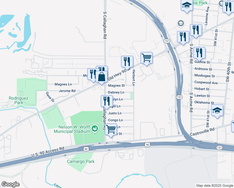map of restaurants, bars, coffee shops, grocery stores, and more near 5454 Dabney Lane in San Antonio