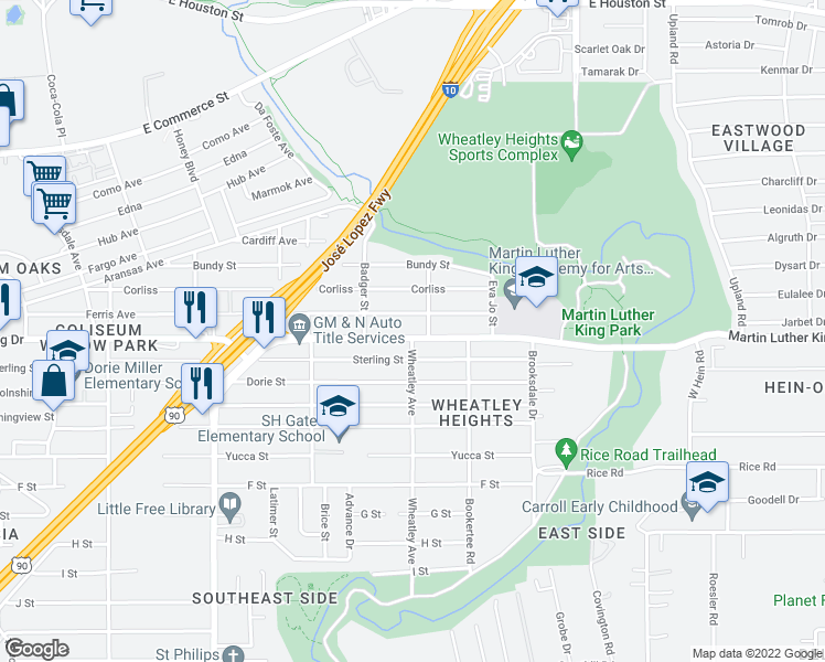 map of restaurants, bars, coffee shops, grocery stores, and more near 3334 Martin Luther King Drive in San Antonio