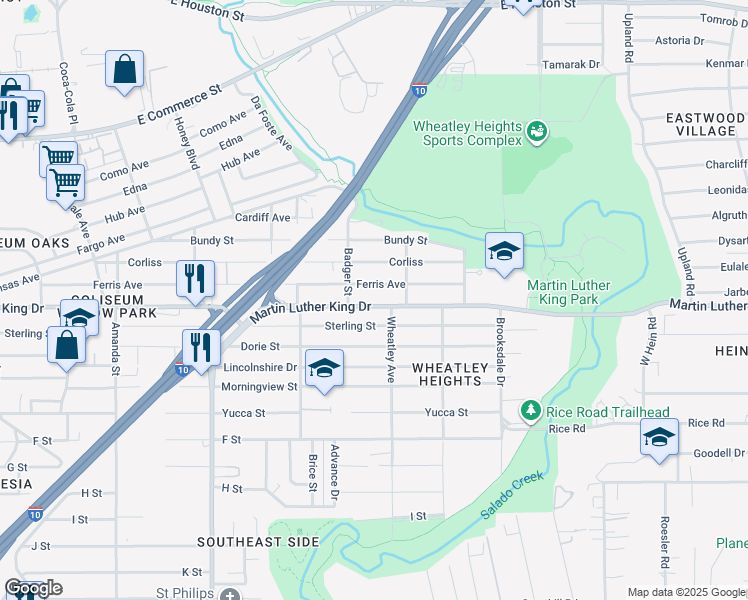 map of restaurants, bars, coffee shops, grocery stores, and more near 3334 Martin Luther King Drive in San Antonio