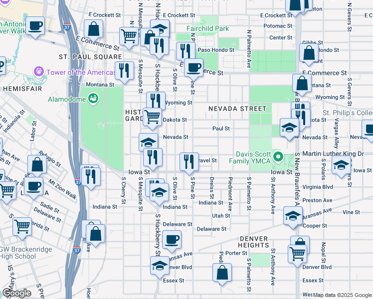 map of restaurants, bars, coffee shops, grocery stores, and more near 533 South Pine Street in San Antonio