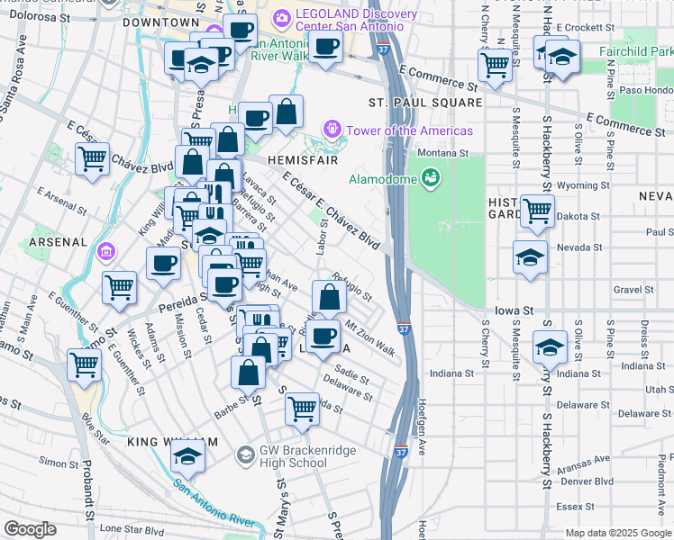 map of restaurants, bars, coffee shops, grocery stores, and more near in San Antonio