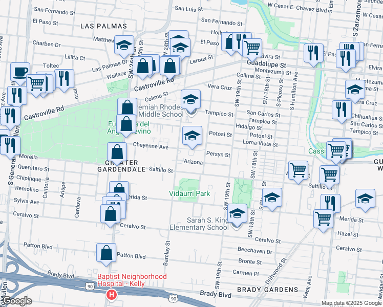 map of restaurants, bars, coffee shops, grocery stores, and more near 225 Arizona in San Antonio