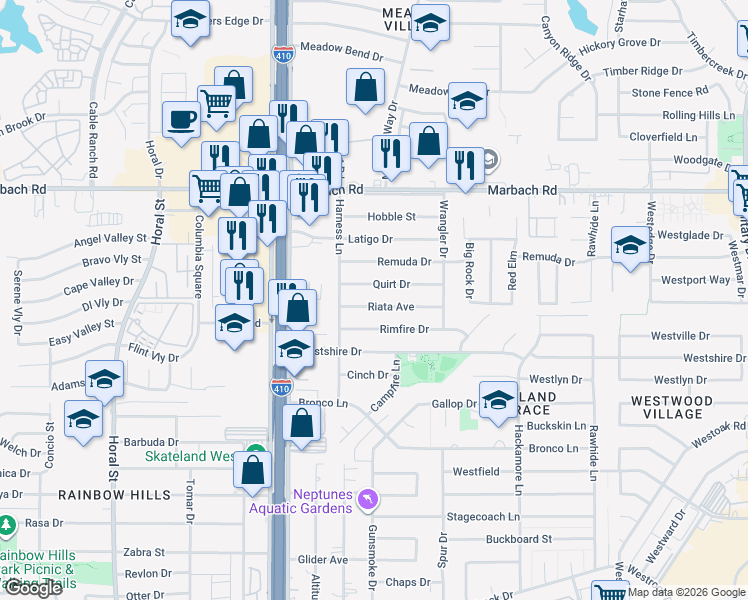 map of restaurants, bars, coffee shops, grocery stores, and more near 8011 Riata Avenue in San Antonio