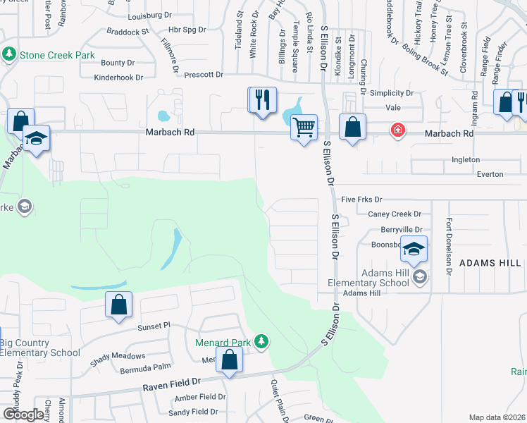 map of restaurants, bars, coffee shops, grocery stores, and more near 9835 Marbach Canyon in San Antonio