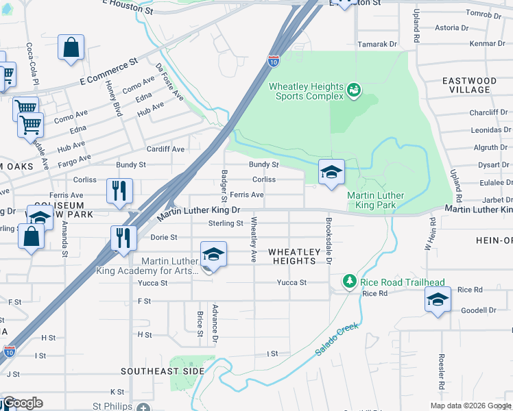 map of restaurants, bars, coffee shops, grocery stores, and more near 3334 Martin Luther King Drive in San Antonio