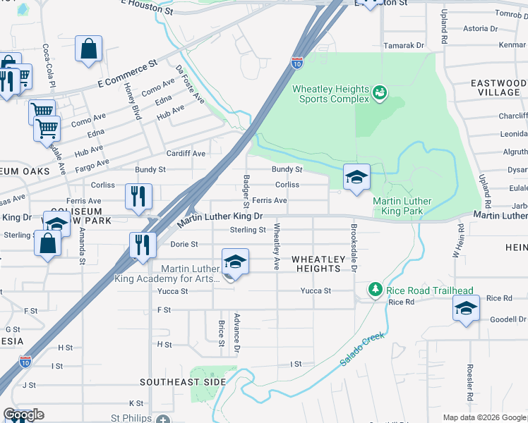 map of restaurants, bars, coffee shops, grocery stores, and more near 3334 Martin Luther King Drive in San Antonio