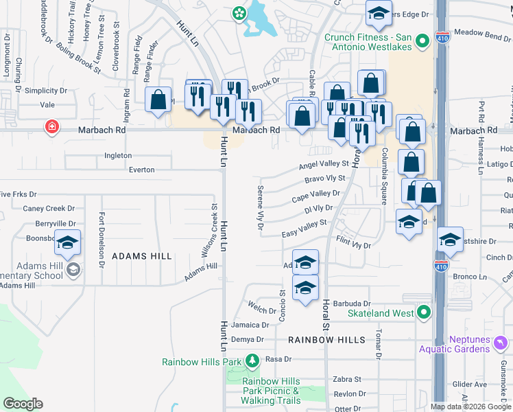 map of restaurants, bars, coffee shops, grocery stores, and more near 1903 Serene Valley Street in San Antonio