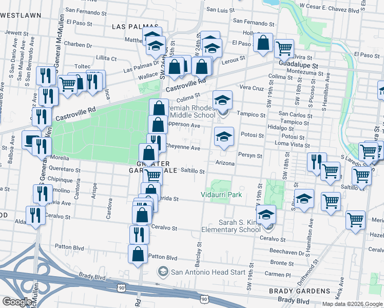 map of restaurants, bars, coffee shops, grocery stores, and more near 134 Cheyenne Avenue in San Antonio