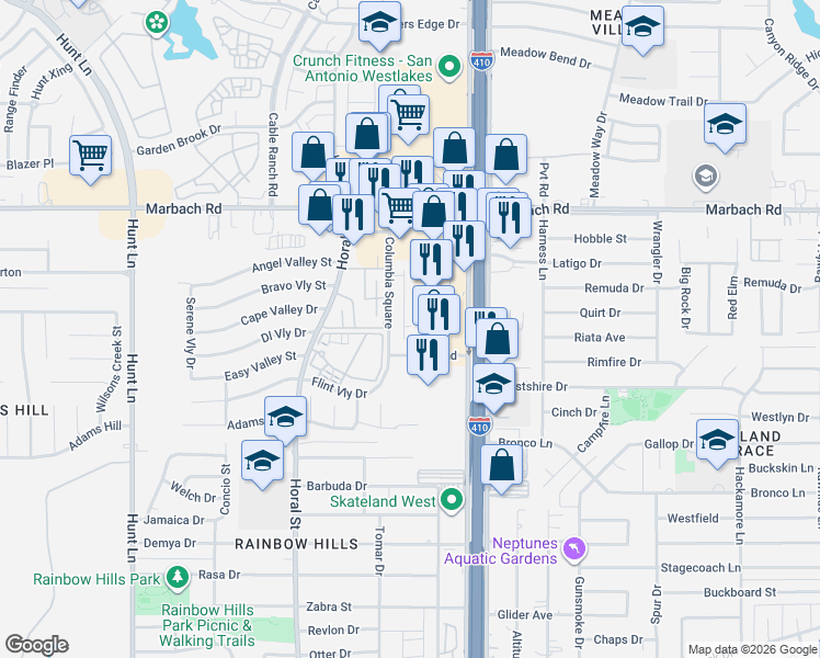 map of restaurants, bars, coffee shops, grocery stores, and more near 1902 Morse Way in San Antonio
