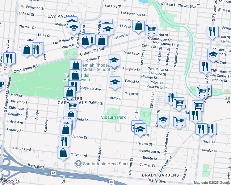 map of restaurants, bars, coffee shops, grocery stores, and more near 225 Arizona in San Antonio