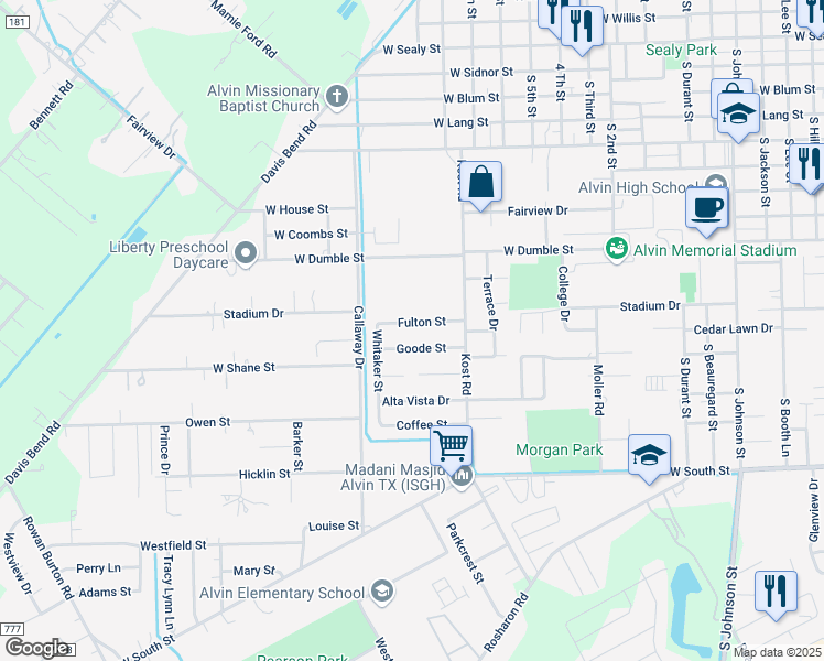 map of restaurants, bars, coffee shops, grocery stores, and more near 1820 Goode Street in Alvin