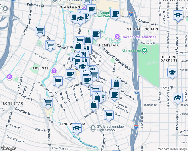 map of restaurants, bars, coffee shops, grocery stores, and more near 136 Callaghan Avenue in San Antonio