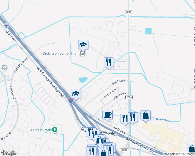 map of restaurants, bars, coffee shops, grocery stores, and more near 3325 111th Street North in Texas City