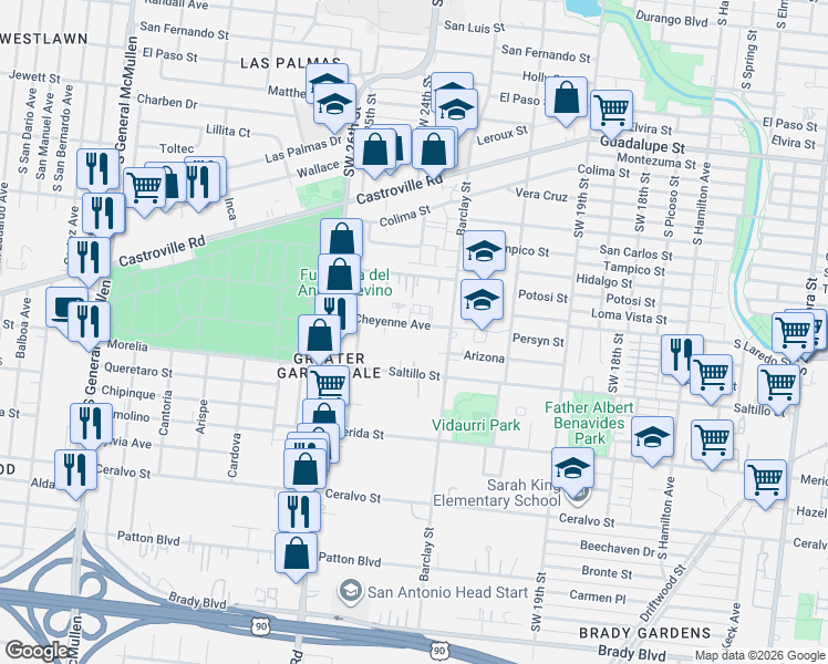 map of restaurants, bars, coffee shops, grocery stores, and more near 134 Cheyenne Avenue in San Antonio