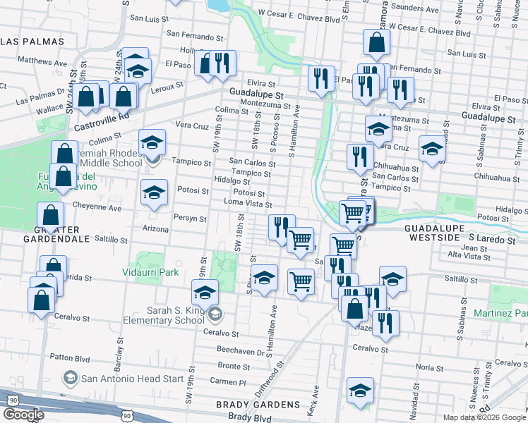 map of restaurants, bars, coffee shops, grocery stores, and more near 939 Jean Street in San Antonio