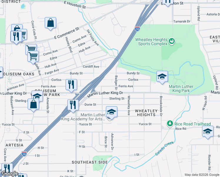 map of restaurants, bars, coffee shops, grocery stores, and more near 3243 Martin Luther King Drive in San Antonio