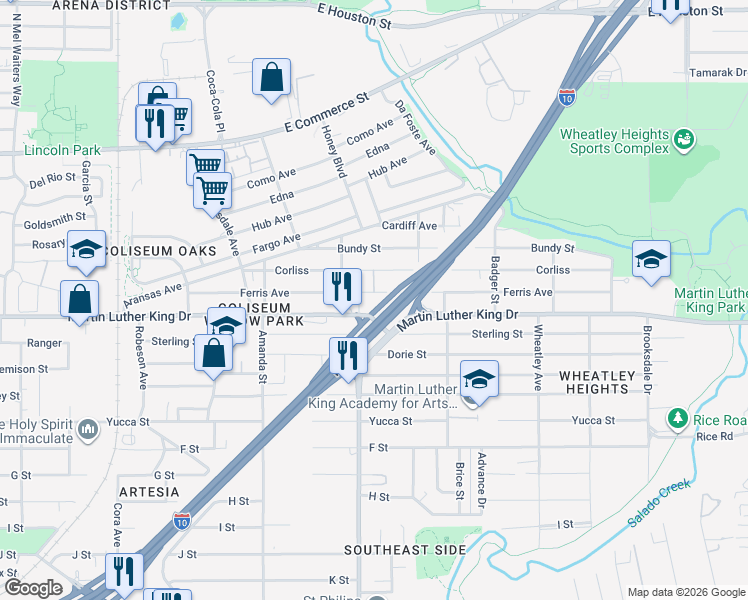 map of restaurants, bars, coffee shops, grocery stores, and more near 217 I- 10 Access Road in San Antonio