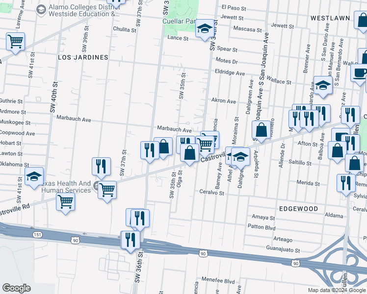 map of restaurants, bars, coffee shops, grocery stores, and more near 934 Southwest 35th Street in San Antonio