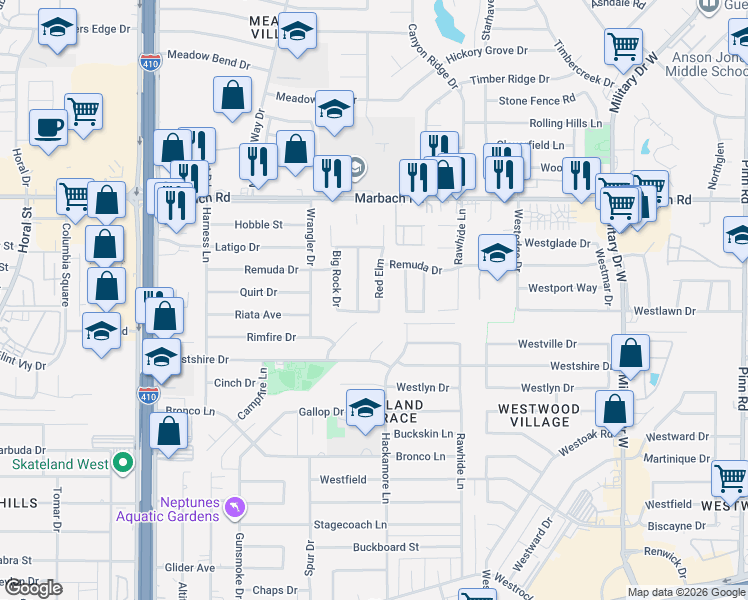 map of restaurants, bars, coffee shops, grocery stores, and more near 7510 Yellow Sand Drive in San Antonio