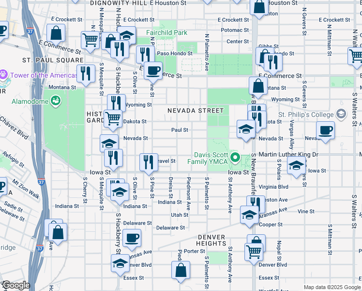 map of restaurants, bars, coffee shops, grocery stores, and more near 813 Martin Luther King Drive in San Antonio