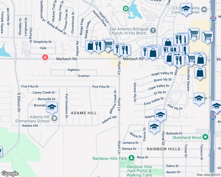 map of restaurants, bars, coffee shops, grocery stores, and more near 9102 Cold Harbor Drive in San Antonio