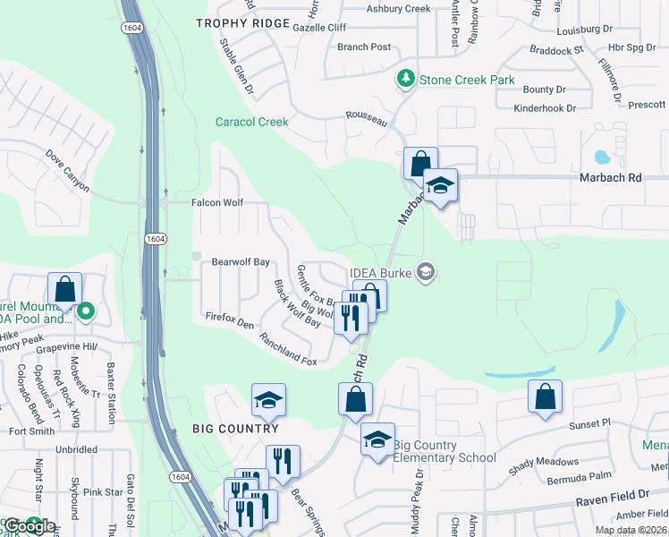 map of restaurants, bars, coffee shops, grocery stores, and more near 10630 Blue Wolf Pier in San Antonio