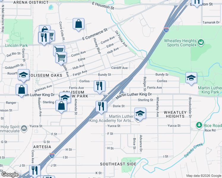 map of restaurants, bars, coffee shops, grocery stores, and more near 217 I- 10 Access Road in San Antonio