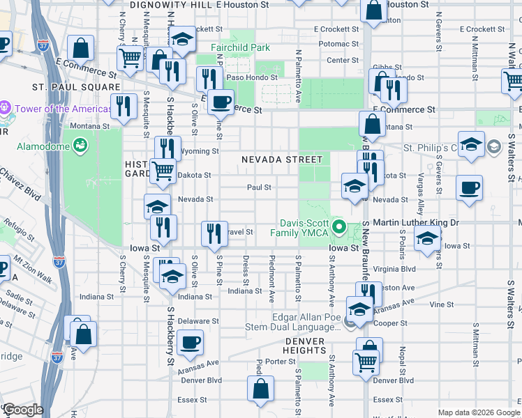 map of restaurants, bars, coffee shops, grocery stores, and more near 813 Martin Luther King Drive in San Antonio