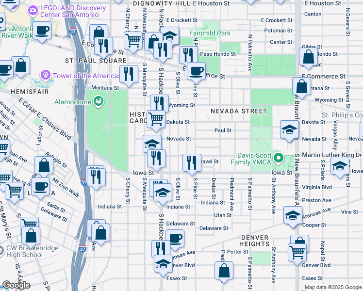 map of restaurants, bars, coffee shops, grocery stores, and more near 531 South Olive Street in San Antonio