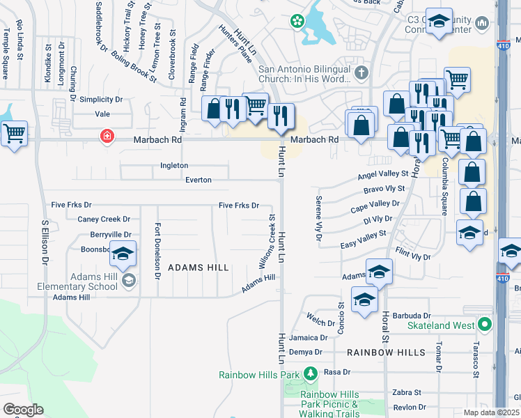 map of restaurants, bars, coffee shops, grocery stores, and more near 9102 Cold Harbor Drive in San Antonio