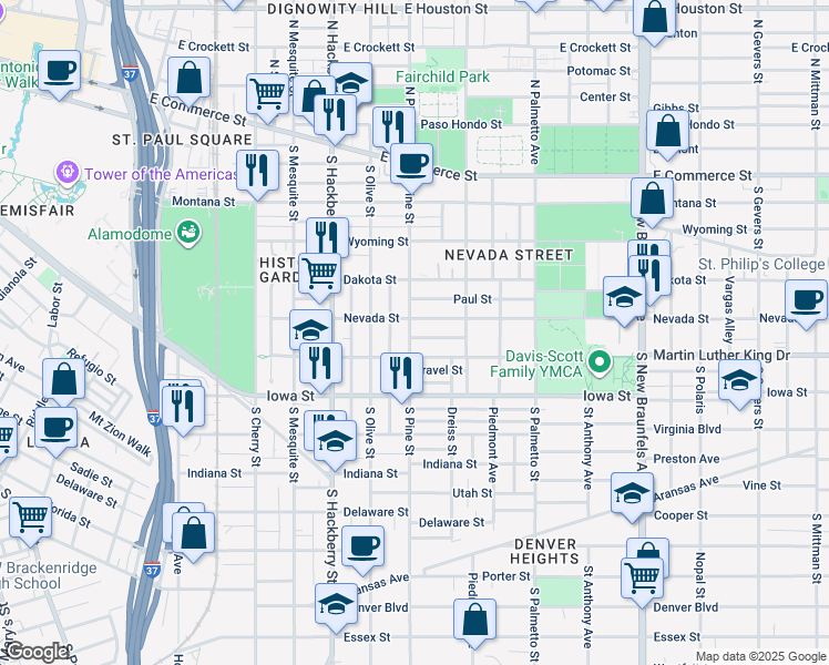 map of restaurants, bars, coffee shops, grocery stores, and more near 510 South Pine Street in San Antonio