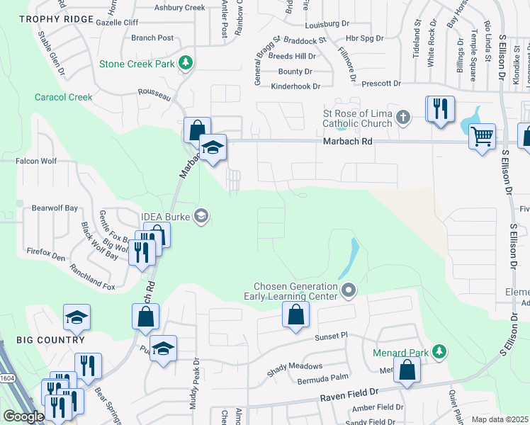 map of restaurants, bars, coffee shops, grocery stores, and more near 10264 Marbach Road in San Antonio