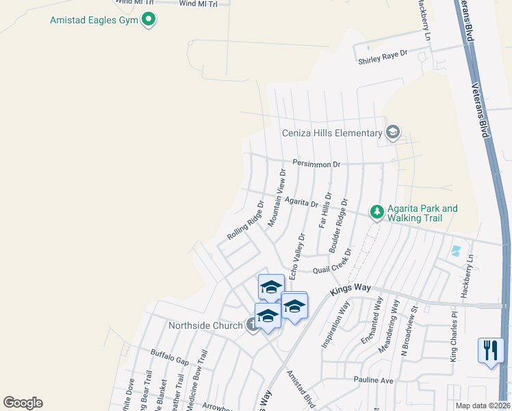 map of restaurants, bars, coffee shops, grocery stores, and more near 204 Rolling Ridge Drive in Del Rio
