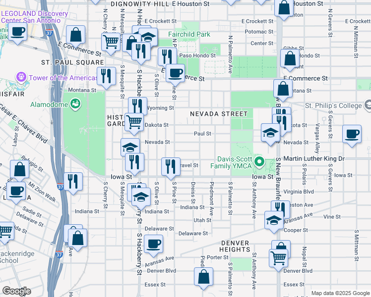 map of restaurants, bars, coffee shops, grocery stores, and more near 629 Martin Luther King Drive in San Antonio