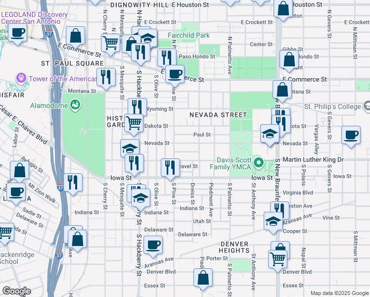 map of restaurants, bars, coffee shops, grocery stores, and more near 629 Martin Luther King Drive in San Antonio