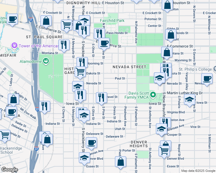 map of restaurants, bars, coffee shops, grocery stores, and more near 629 Martin Luther King Drive in San Antonio