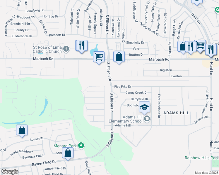 map of restaurants, bars, coffee shops, grocery stores, and more near 1814 South Ellison Drive in San Antonio