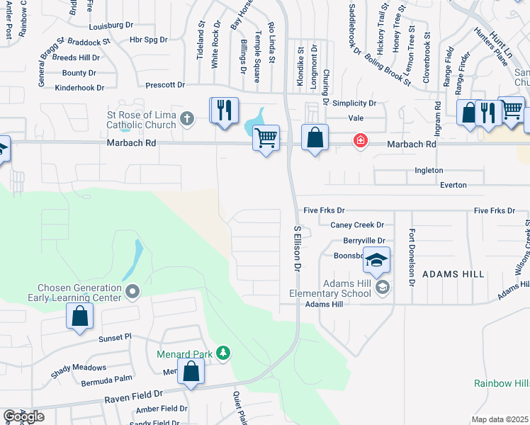 map of restaurants, bars, coffee shops, grocery stores, and more near 9702 Marbach Canyon in San Antonio