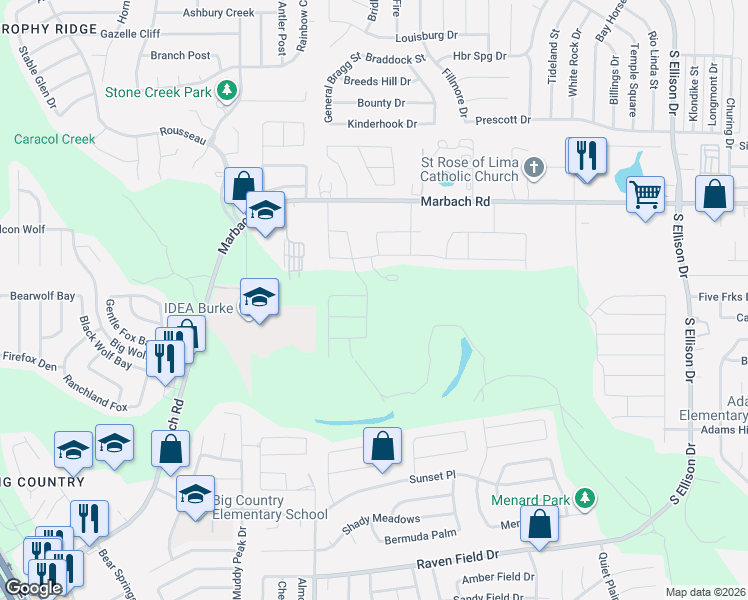 map of restaurants, bars, coffee shops, grocery stores, and more near 10150 Overlook Canyon in San Antonio