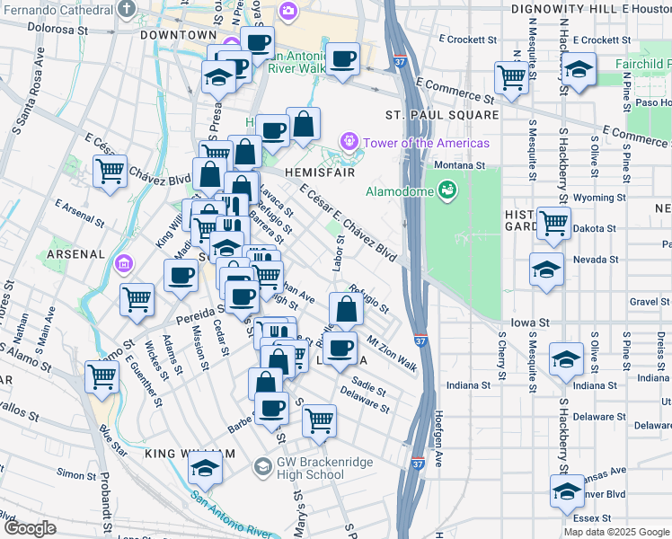 map of restaurants, bars, coffee shops, grocery stores, and more near 300 Labor Street in San Antonio
