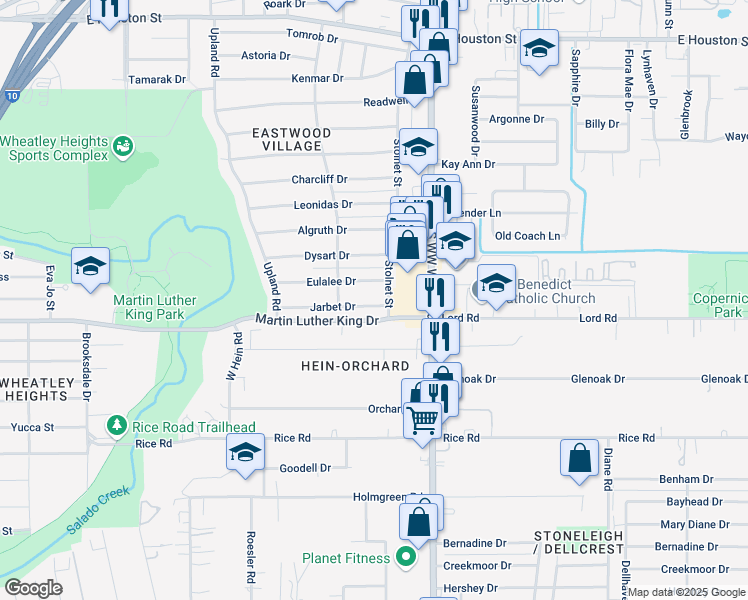 map of restaurants, bars, coffee shops, grocery stores, and more near 4338 Eulalee Drive in San Antonio