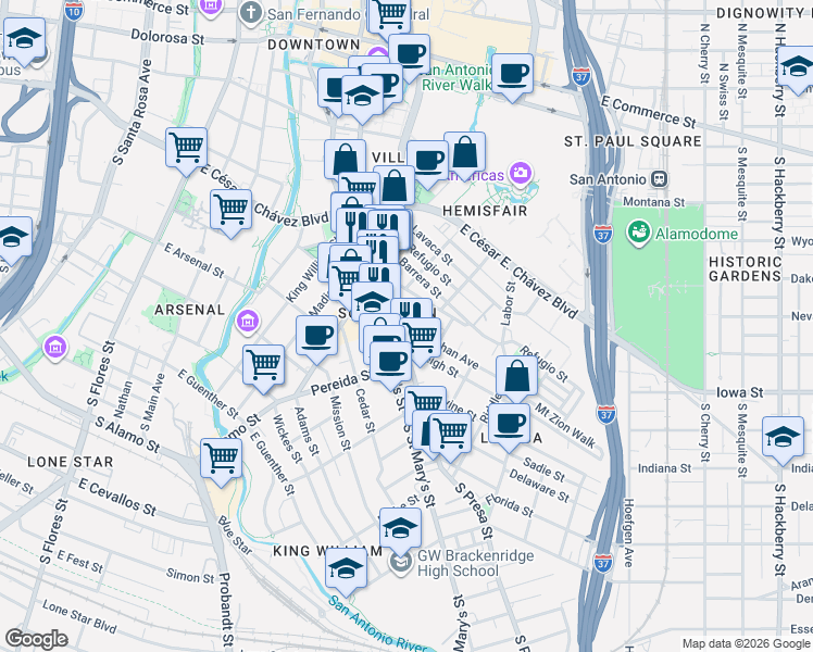 map of restaurants, bars, coffee shops, grocery stores, and more near 101 Callaghan Avenue in San Antonio