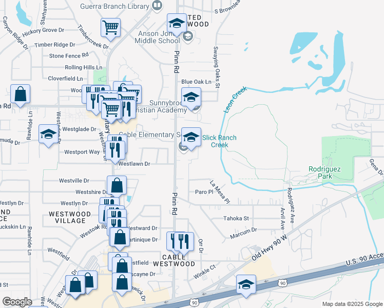 map of restaurants, bars, coffee shops, grocery stores, and more near 1706 Pinn Road in San Antonio