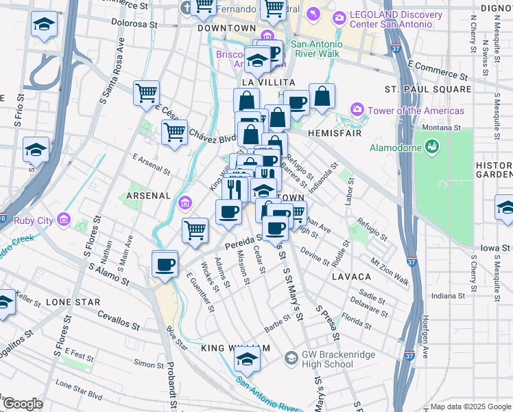 map of restaurants, bars, coffee shops, grocery stores, and more near 1005 South Alamo Street in San Antonio