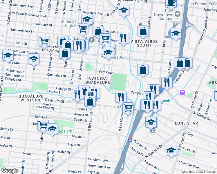 map of restaurants, bars, coffee shops, grocery stores, and more near 622 Chihuahua Street in San Antonio