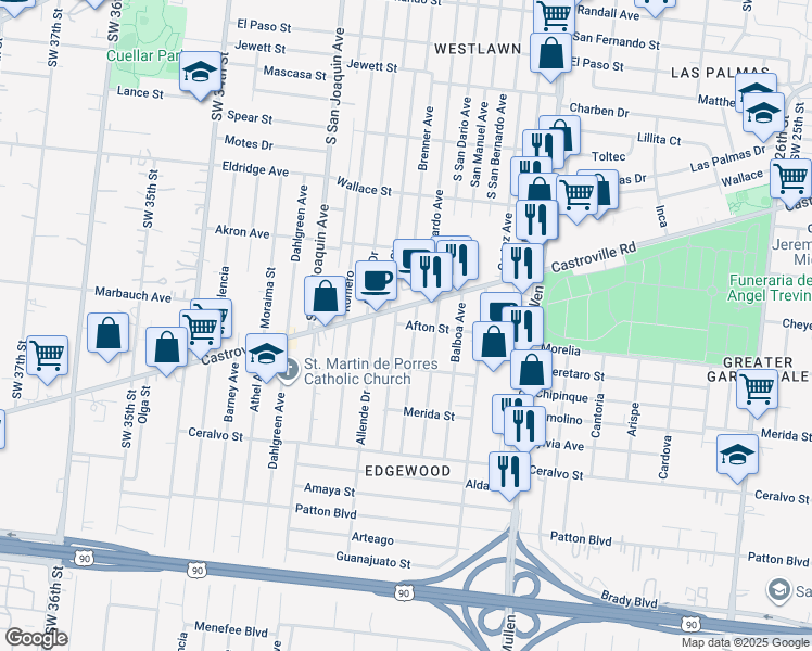 map of restaurants, bars, coffee shops, grocery stores, and more near 1412 Castroville Road in San Antonio