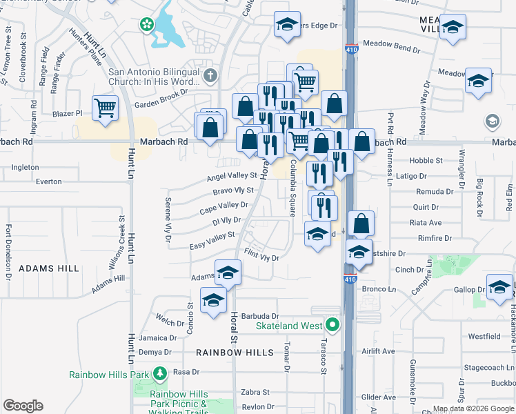 map of restaurants, bars, coffee shops, grocery stores, and more near 1880 Horal Drive in San Antonio