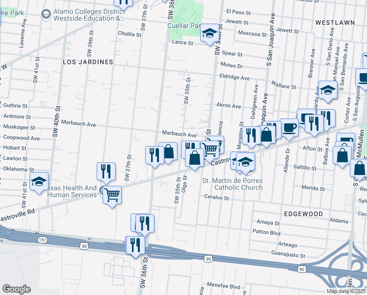 map of restaurants, bars, coffee shops, grocery stores, and more near 934 Southwest 35th Street in San Antonio
